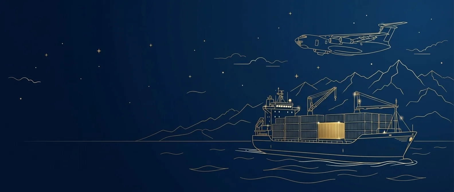 Ilustración de un avión y un barco de carga rumbo a los Andes